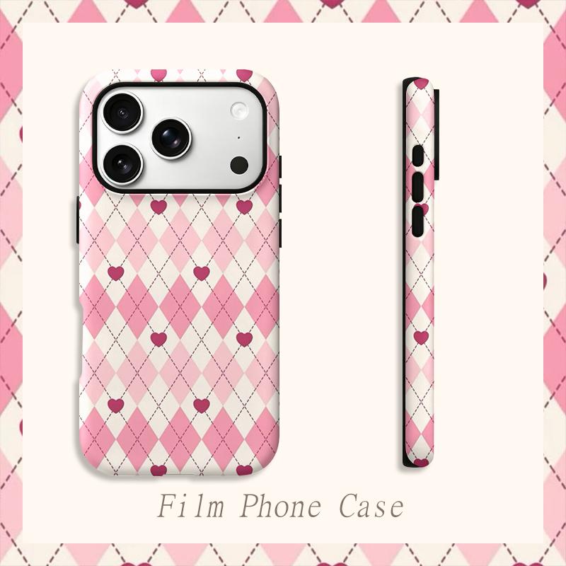 Cute Sweet Pink Argyle Heart Diamond Checkered Art Graphic Film Aesthetic Protective Shockproof Bumper Phone Case For iPhone 14 15 16 Pro Max Plus