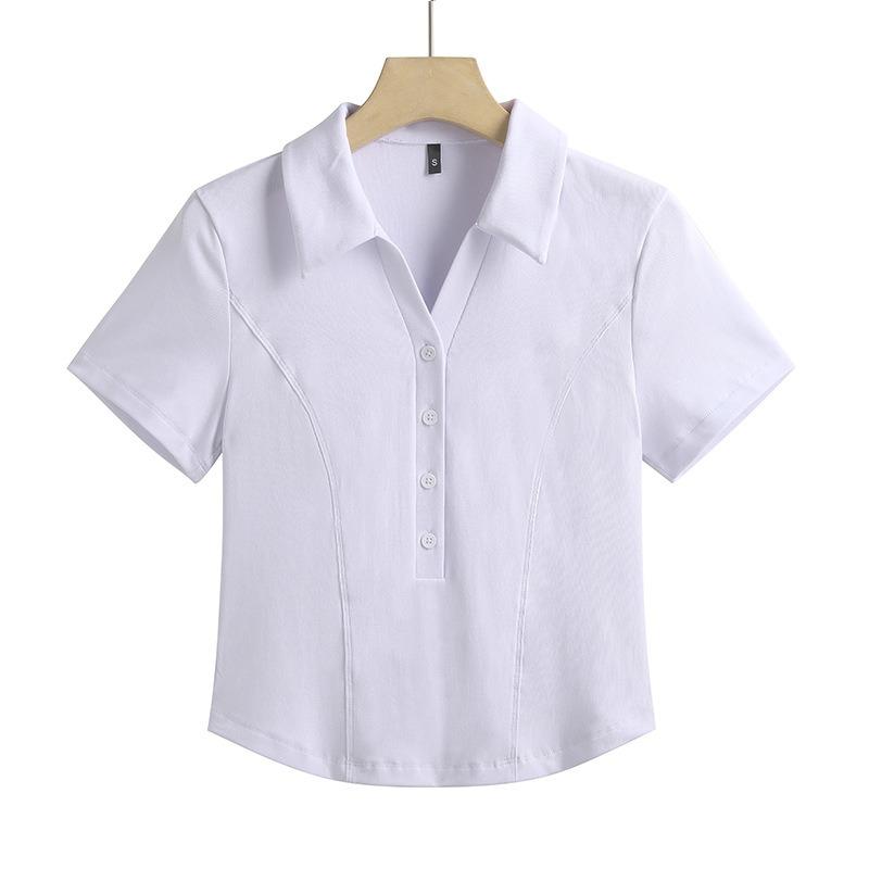 Γυναικείο T-shirt Άνοιξης και Καλοκαιριού με Κοντό Πέτο και Κουμπιά, Ψηλόμεσο, Λεπτό, Λεπτό, Με Μισό Μανίκι, Γυναικείο Ελαστικό Μπλούζα