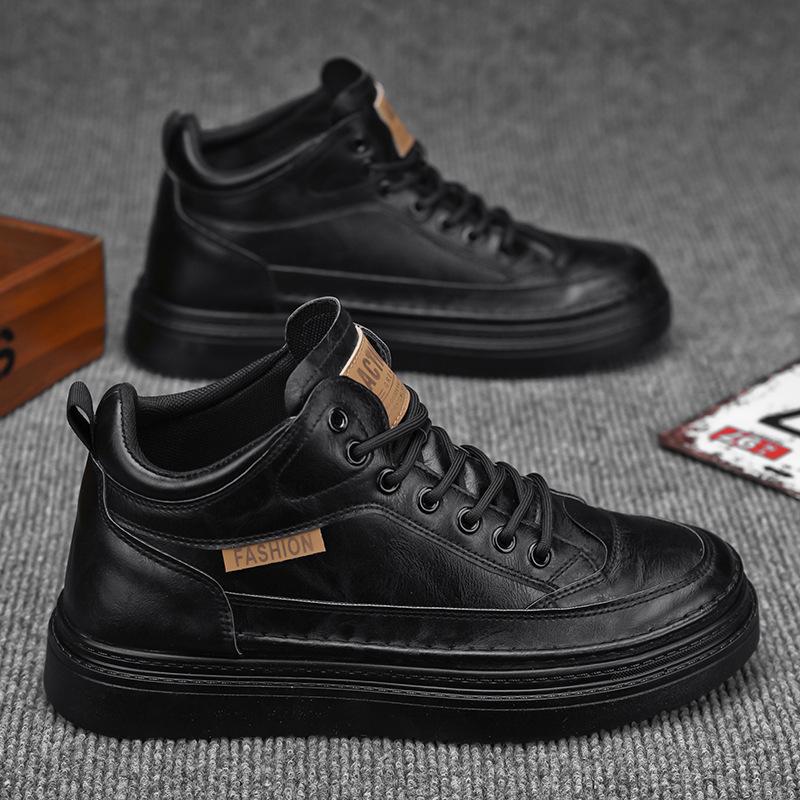 Autumn men's shoes new breathable waterproof high-top chef shoes men's trend versatile black leather shoes casual Martin boots