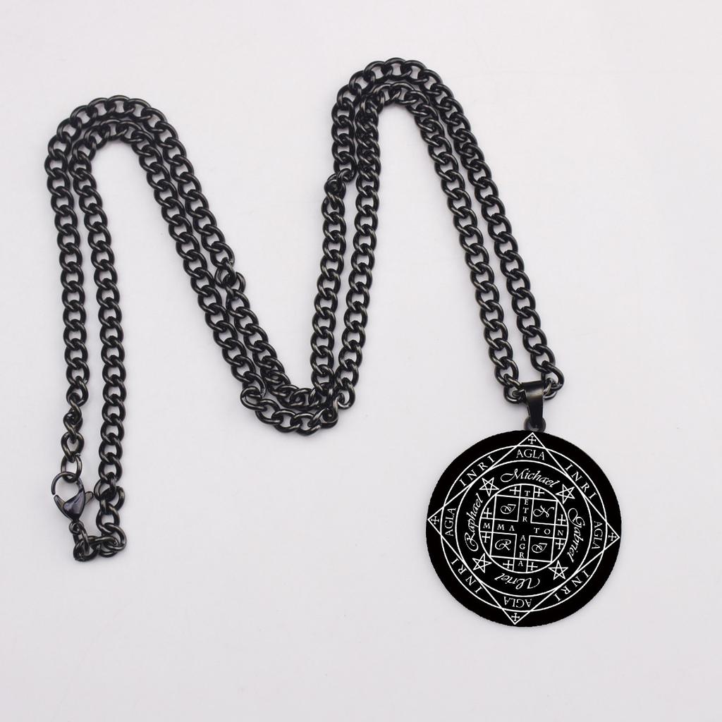 Magic Symbol Seal Wheel of Fortune and Archangel Protection Pendant Necklace