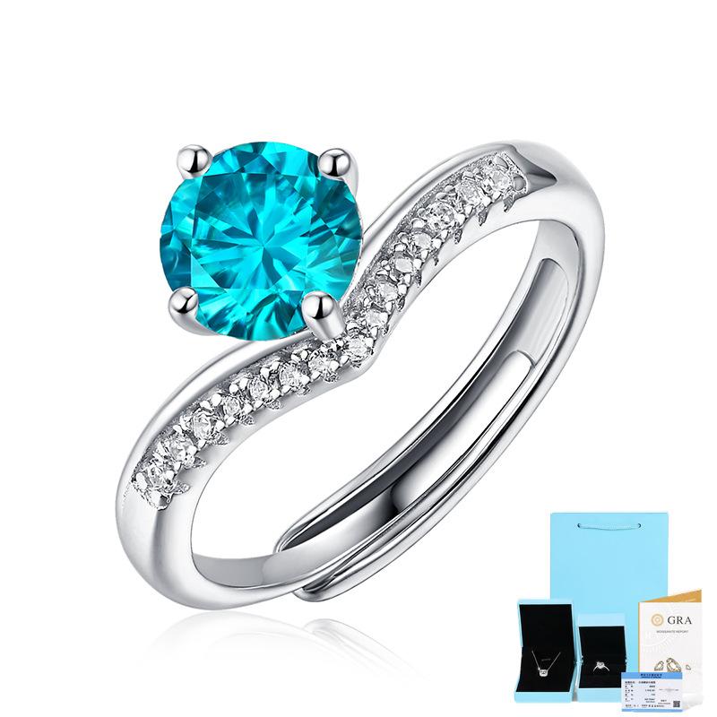 Bague Ringen S925 Silver Set 1ct Moissanite Luxury Round Bag Color Women's Six-prong Pink Adjustable Opening Ring