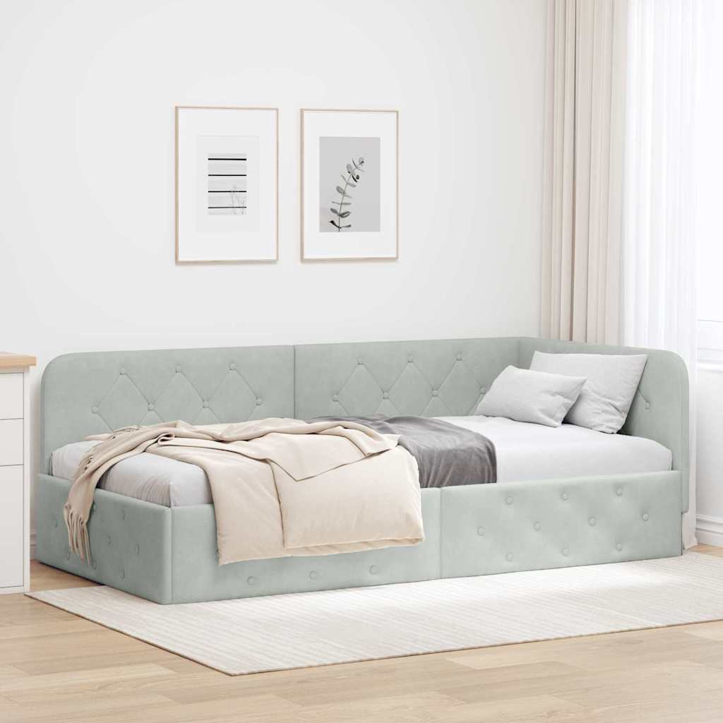 Corner Bed Frame Light Grey 90 X 190 Cm Velvet
