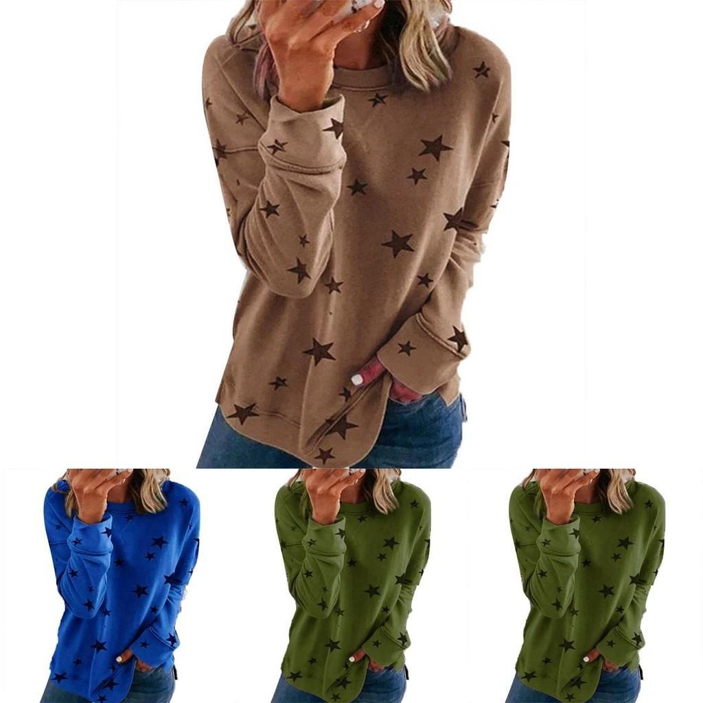 Women Casual Tunic Crew Neck Long Sleeve Star Print Tee Top Blouse For Daily Comfort And Style