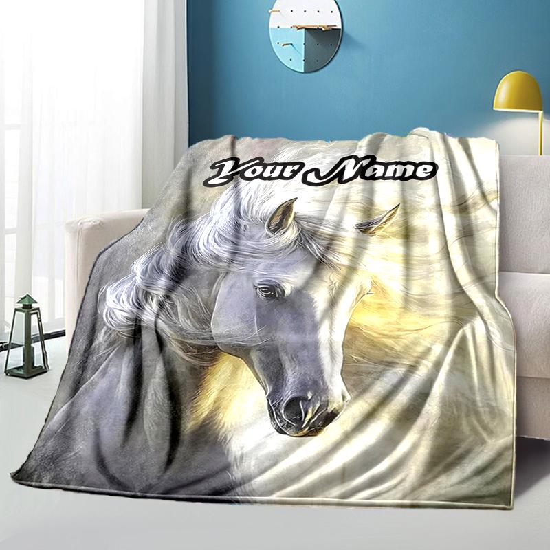1PC Custom Name Ethereal Horse Portrait Flannel Blankets Patterns Throw Blanket All-Season Soft Gift for Couch, Bed, Camping Gifts