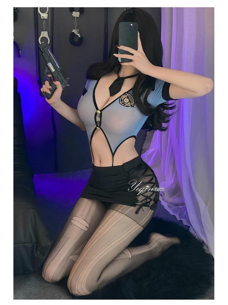 Night Piano Women's Sexy Police Uniform & Flight Attendant Lingerie Set - Cutout Bodysuit with Hip-Hugging Skirt, Style 7361.