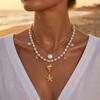 Gold Color Multilayer Starfish Shell Pendant Necklace For Women Boho Imitation Pearl Beads Choker Summer Beach Vacation Jewelry