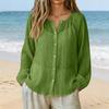Womens Long Sleeve Button Down Blouse Lightweight Crinkled Fabric Casual Loose Fit Shirt with V Neck Design for Daily Wear