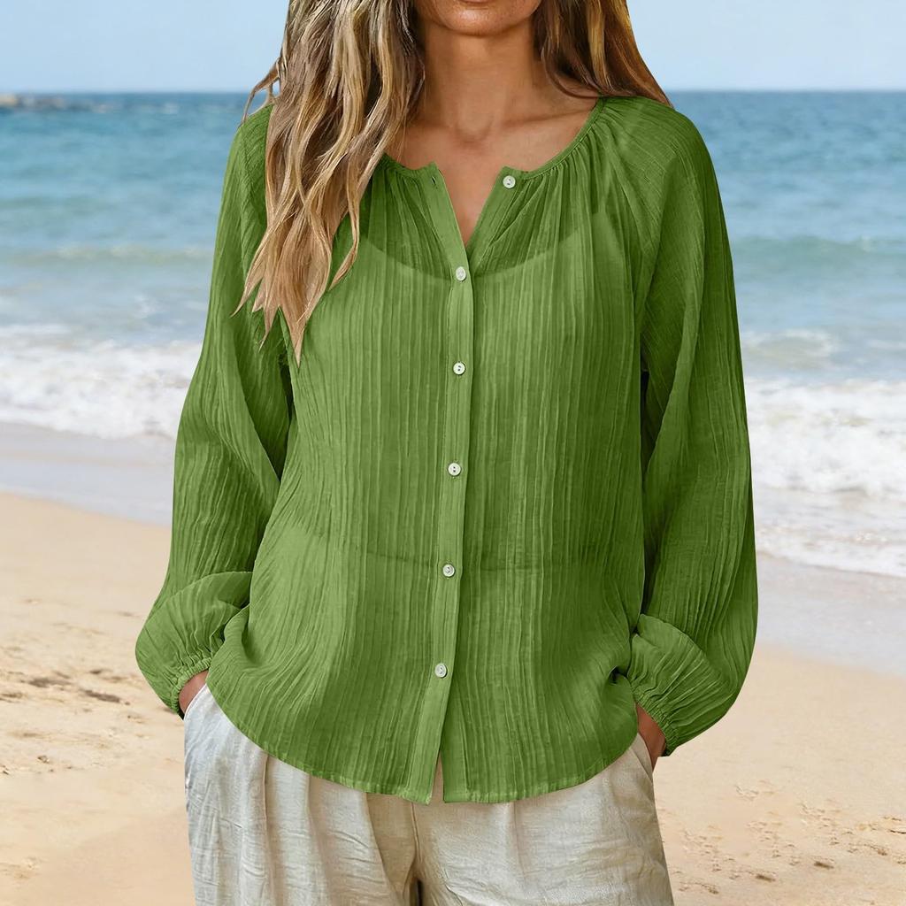 Womens Long Sleeve Button Down Blouse Lightweight Crinkled Fabric Casual Loose Fit Shirt with V Neck Design for Daily Wear