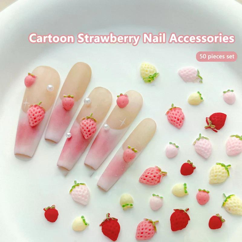 50pcs Charm Sweet Strawberry Nail S 3d Resin Cartoon Fruits Rhinestones Decorations Parts Diy Summer Art Accessories