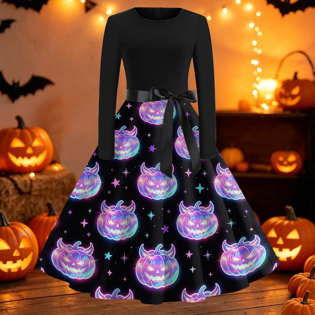 Women's Casual Long Sleeve Dress Halloween Printed Flared Skirt Round Neck Slim Fit Vintage Style Midi Dress with Waist Tie