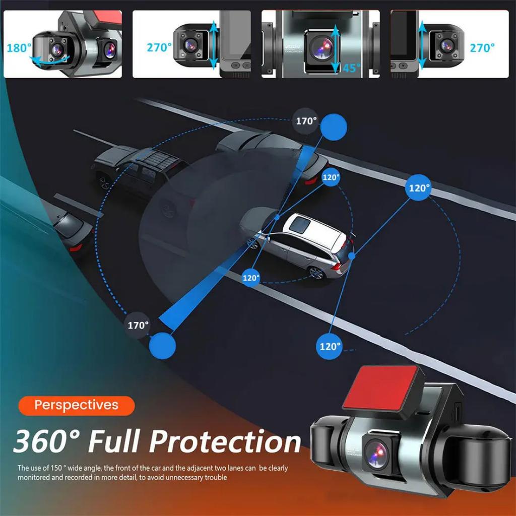 4-Channel Dash Cam, Front, Rear & Inside, 1080P Car Camera, Night Vision, G-Sensor, Driving Video Recorder