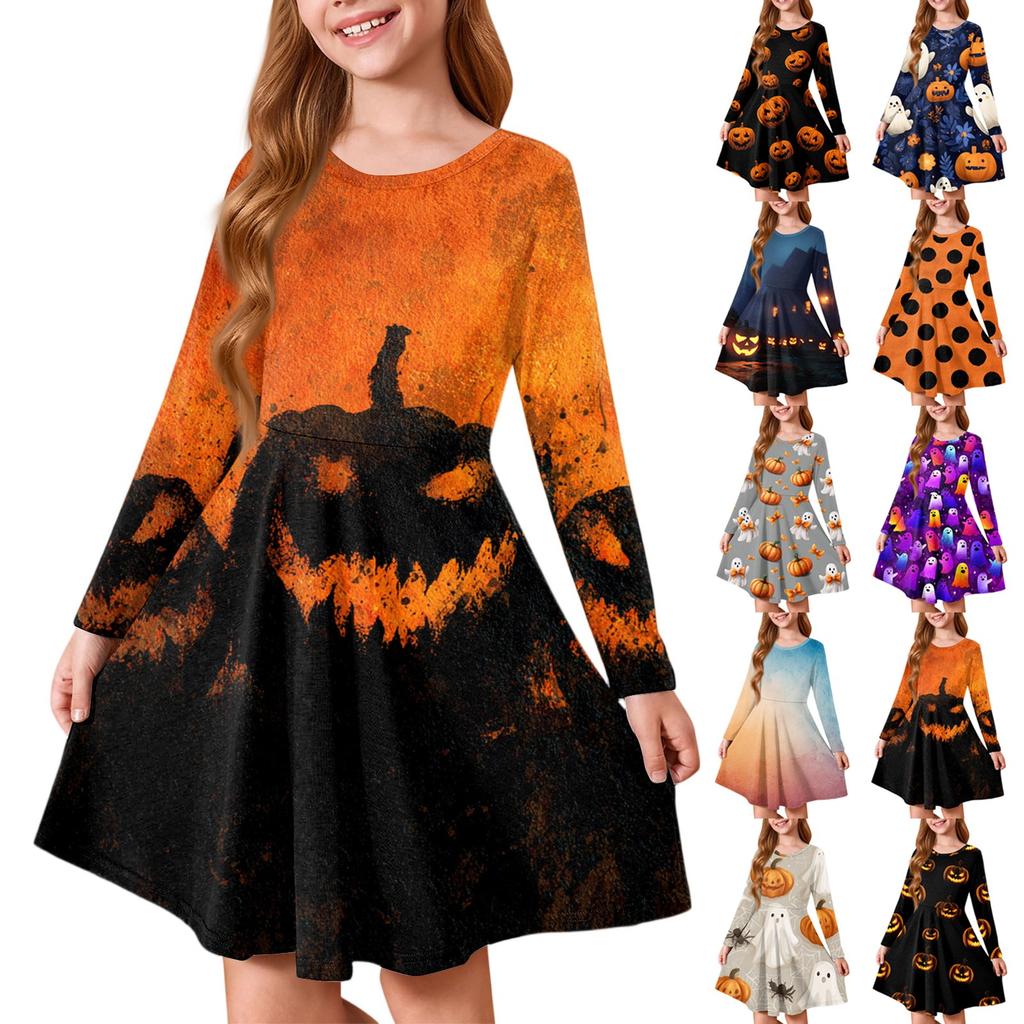 Girls' Summer Princess Dress Halloween Day- Long Sleeve A-Line T-Shirt Dress