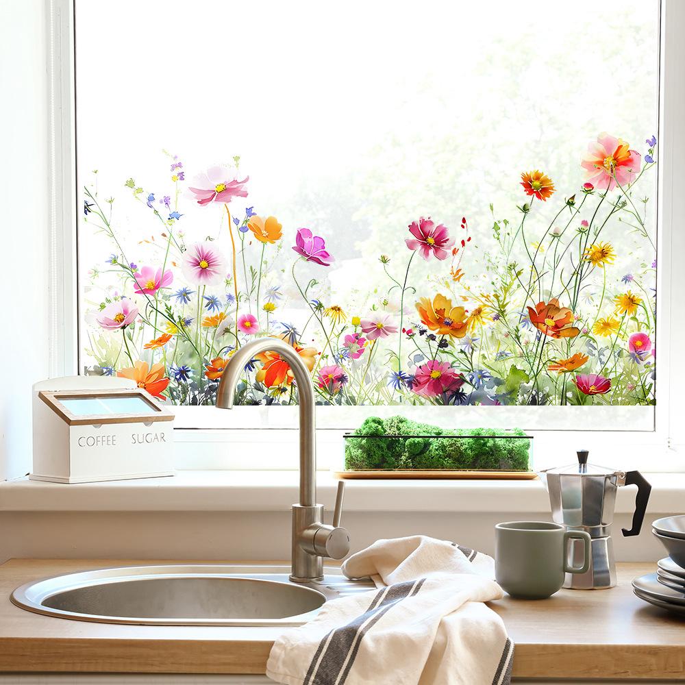 Handbemalte Blumen und Blätter Fensteraufkleber Künstlerische Glasfenster- und Türfolien für Wohnzimmer Heimdekoration