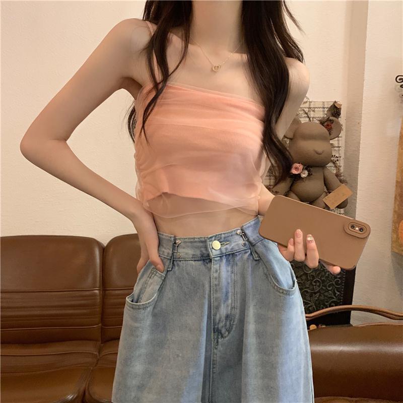 White Mesh Suspender Tank Top for Women's Summer Short Slim Fit and Strapless