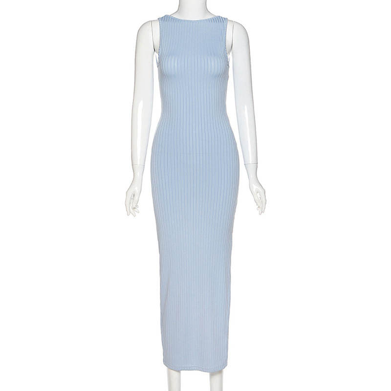 Summer Spaghetti Strap Knitted Dress Women Backless Slim Hip Ladies Solid Color Sling Long Party Dress