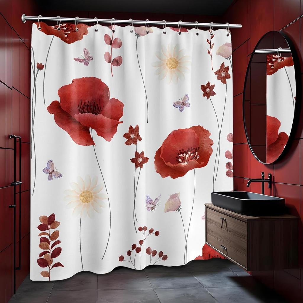 Bordeauxrode Aquarel Bloemen Douchegordijn Donkerrood en Wit Lente Zomer Modern Minimalistisch Bloemen Douchegordijnen voor Badkamer