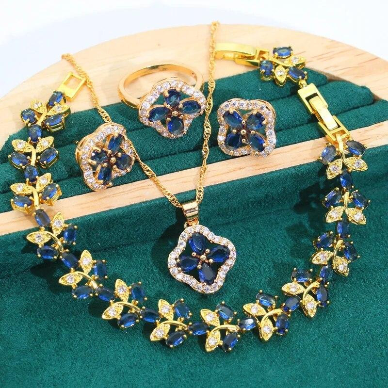 

Синий Циркон Золотой ЦветЮвелирные Наборы Для Женщин Свадебные Длинные Серьги Ожерелье Кулон Кольцо Браслет Подарки Для Свиданий
