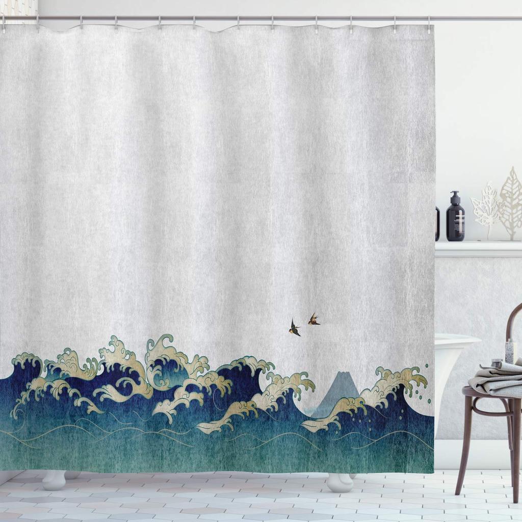 Japanese Ceramic Handicraft Waterproof Polyester Fabric Waterproof Polyester Fabric Bathroom Curtain 180 X 200cm with 12 Hooks