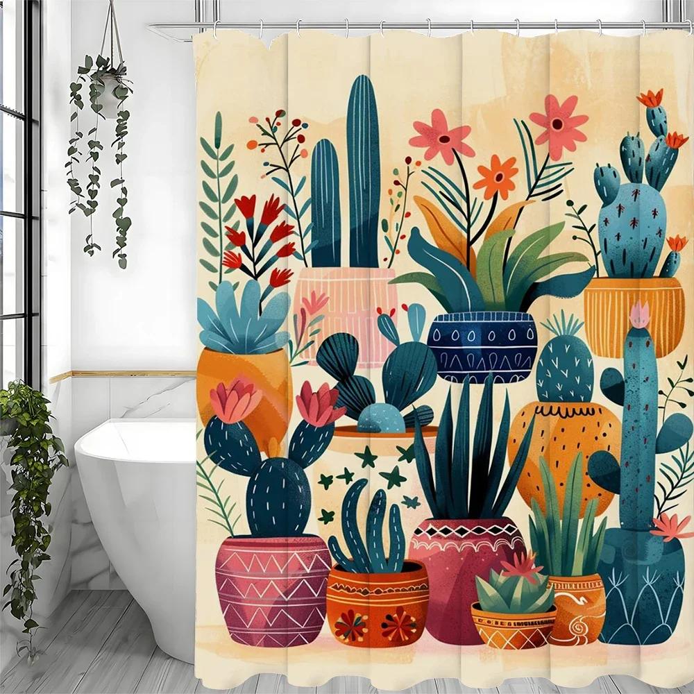 ~O~Green Potted Cactus Flower Shower Curtain, Bathroom Decorative Shower Curtain, Waterproof Shower Curtain with Hooks