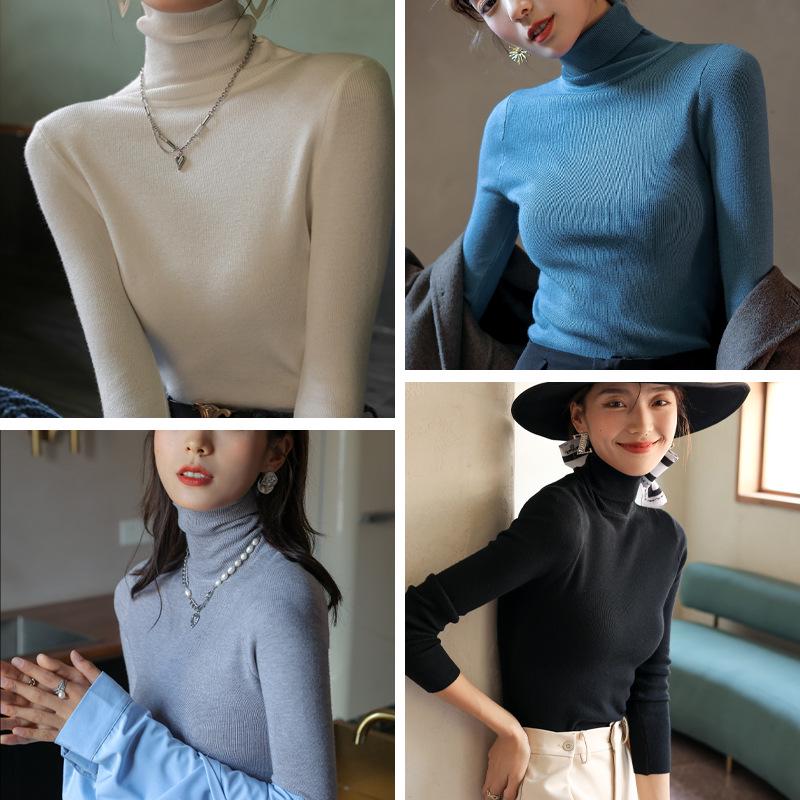 2024 Women's Versatile Slimming Turtleneck Knit Top - Semi-High Neck, Long Sleeve for Spring, Autumn, Winter.