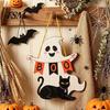 Halloween Door Sign Black Cat Ghost Sign, Decorative Plaque, Wooden Hanging Entrance Ornaments Vintage Rustic Decor with Jute Rope, Seasonal Wall Art