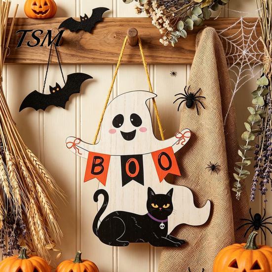 Halloween Door Sign Black Cat Ghost Sign, Decorative Plaque, Wooden Hanging Entrance Ornaments Vintage Rustic Decor with Jute Rope, Seasonal Wall Art