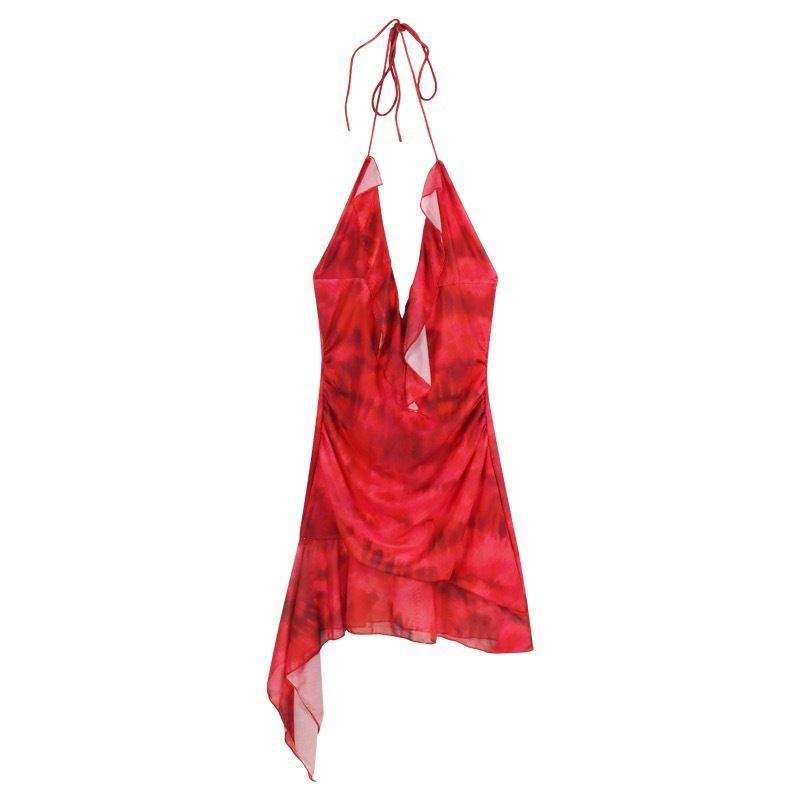 

Iamgia American Sexy Sexy Printed V-neck Irregular Spaghetti-Strap Dress Open Back Ruched Lotus Leaf Bandage Dress Red S