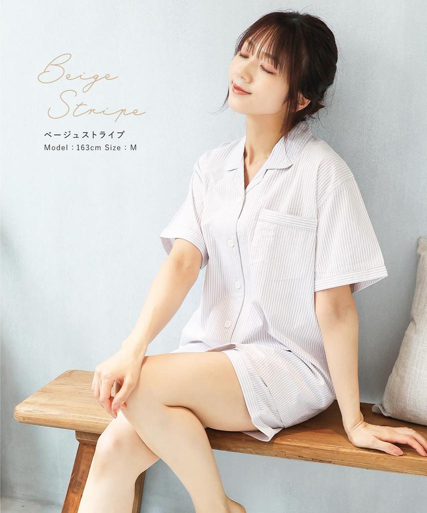 Nishiki Summer Short Cotton Soccer Tailored Open Loungewear Women's Pajamas, Sleeves, Cool, 100% Fabric, Skin-Friendly, Collar, Front, Shorts, (Beige