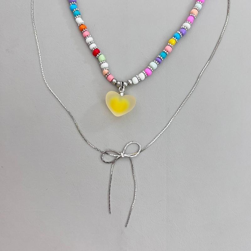 Cute Heart Bead Necklace Heart Charming Choker Chain Jewelry Girls Teen Eye-catching Snake Bone Chain Bowknot Necklace