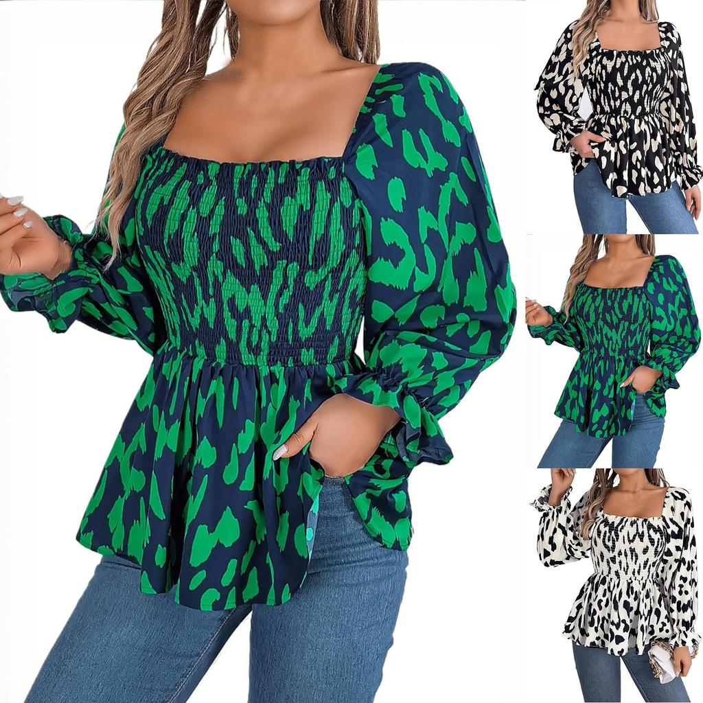 Herbst- und Winter Damen Casual Rüschen Quadratkragen Leopardenmuster Langarm Chiffonbluse