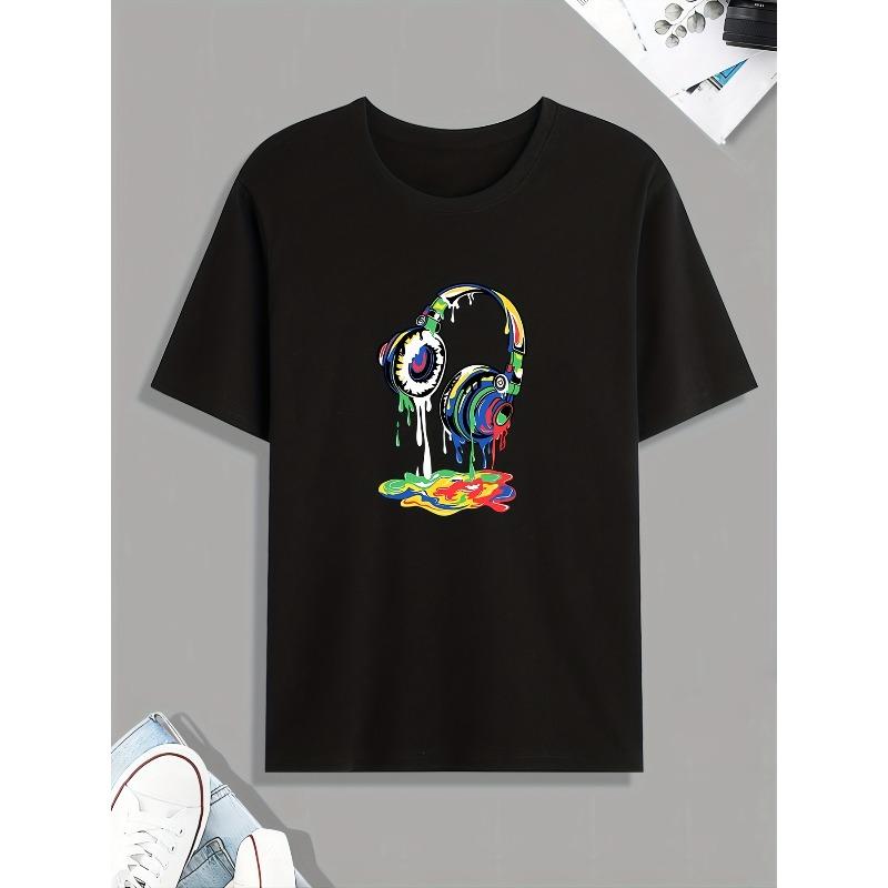 European Size Headset Dripping Color Paint Print T Shirt, Tees For Men, Casual Short Sleeve Tshirt For Summer Spring Fall, Tops As Gifts