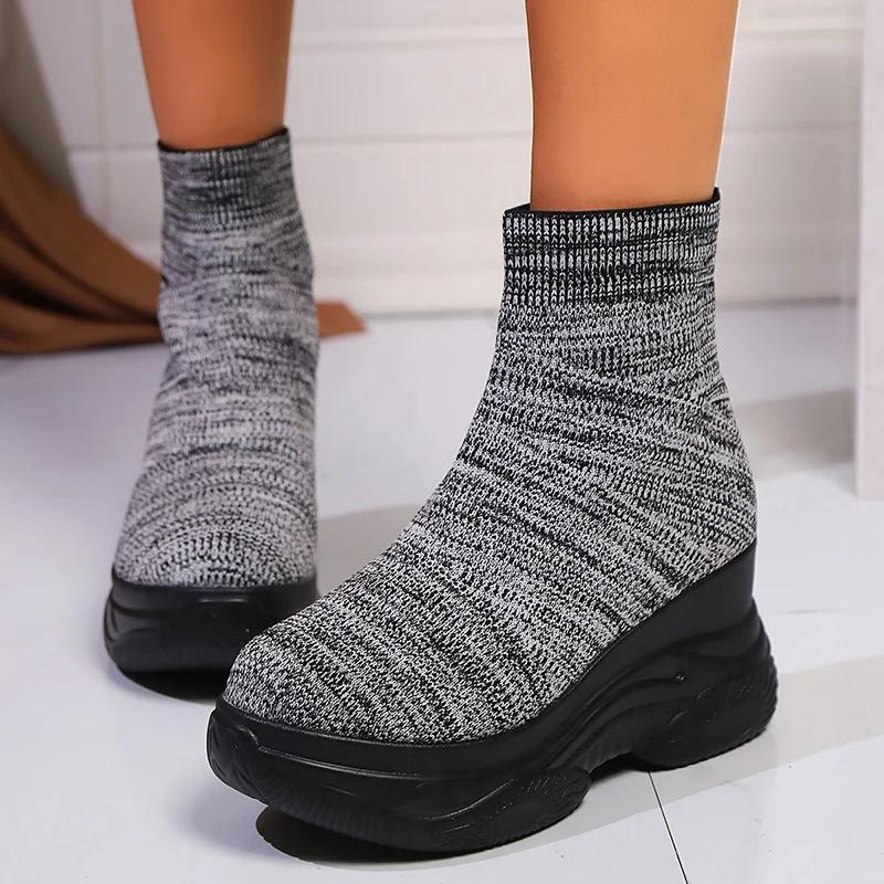 Fashion Chunky Platform Knitted Sneakers for Women High Top Comfortable Sports Shoes Woman Thick Bottom Elastic Slip On Socks Sneakers