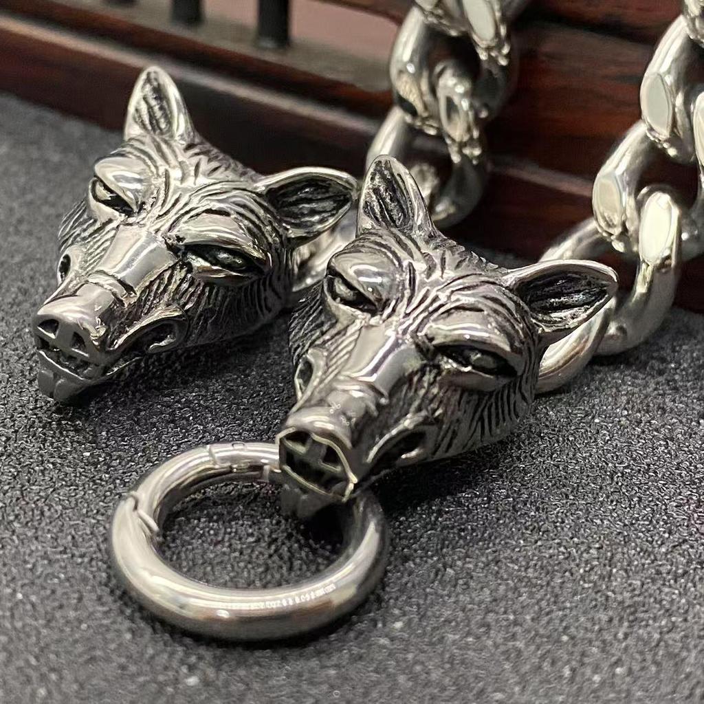 Nordischer Wolfskopf Edelstahl Herren Hip-Hop Armband