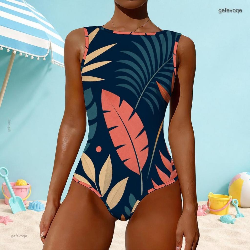 Women Plus Size High Round Neck Sleeveless Abstract Fruit Printed One Piece Swimsuit
