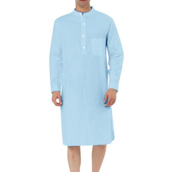 Men Shirt Robe Long Sleeve Stand Collar Patch Pocket Half