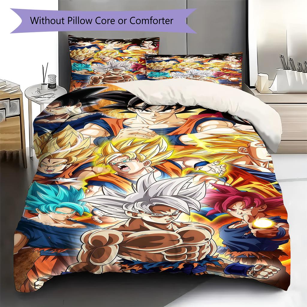 Son Goku Pattern Bedding,Quilt Set Quilt Cover Pillowcase Home Birthday Gift (1 * Duvet Cover + 2 * Pillowcase, Without Core)