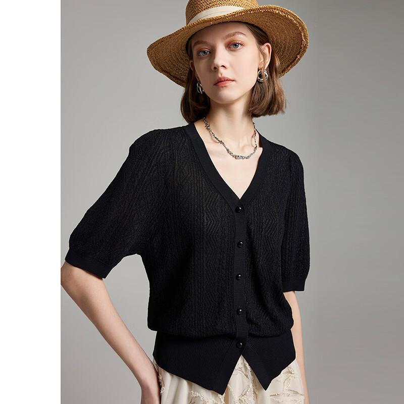 Women s Tencel Jacquard V-Neck Knit Top with Pearl Buttons M