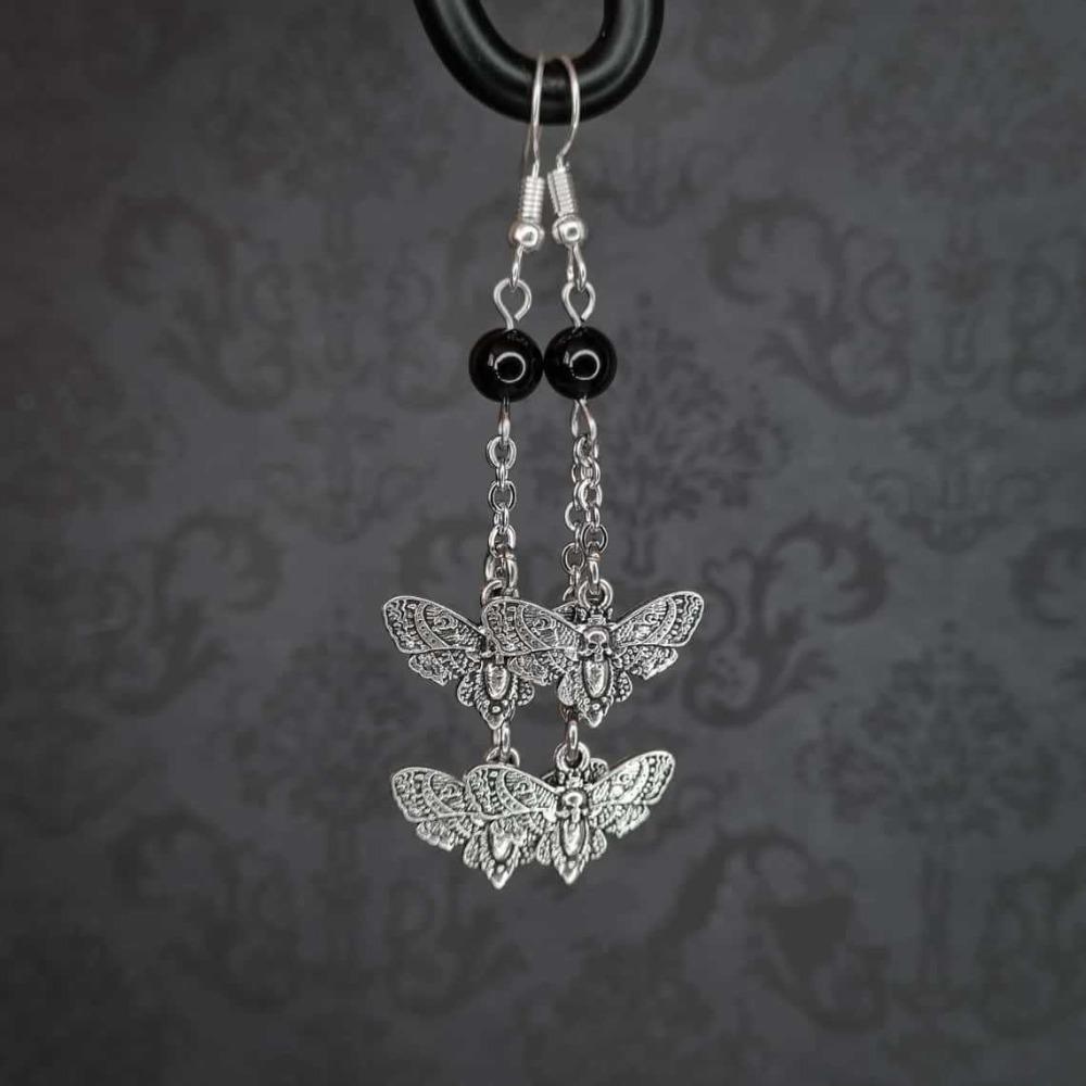 New Punk Gothic Silver Color Death Moth Tassel Pendant Dangle Earrings for Women Halloween Dark Academy Magic Ghost Jewelry Gift