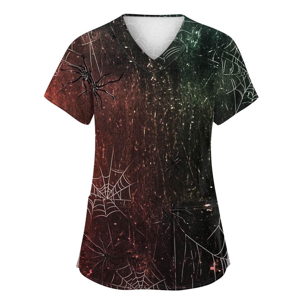Women's Fashion V-neck Short-sleeved Work Uniform With Pockets, Halloween Print Top