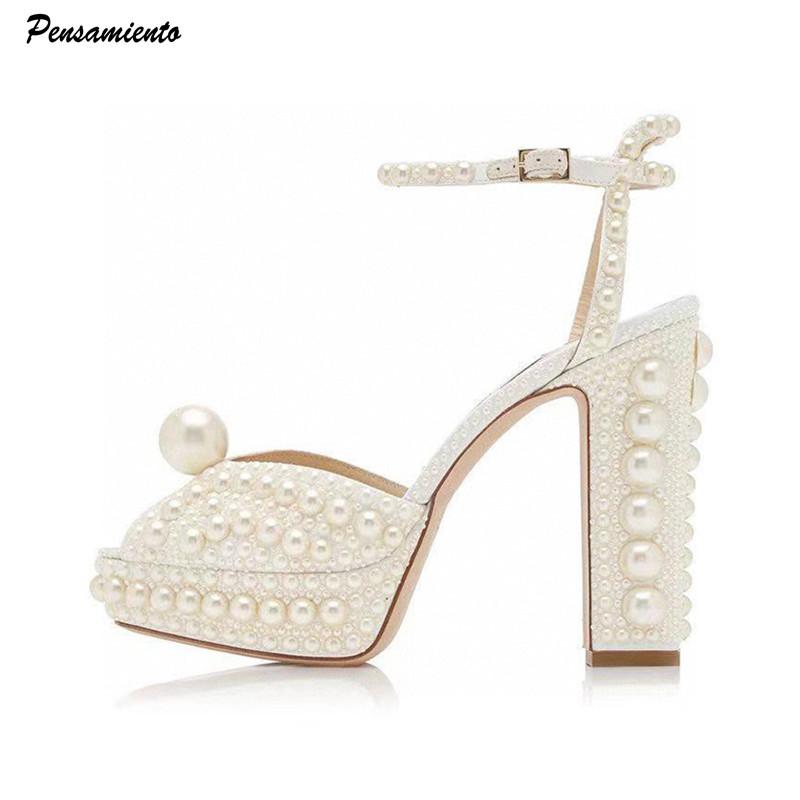 Fashion Shoes Cswo01 Women's Fully Handmade Pearls Thick Heeled Peep Toe Sandals Summer Platform Wedges High Heels Wedding Banquet Shoes Cm