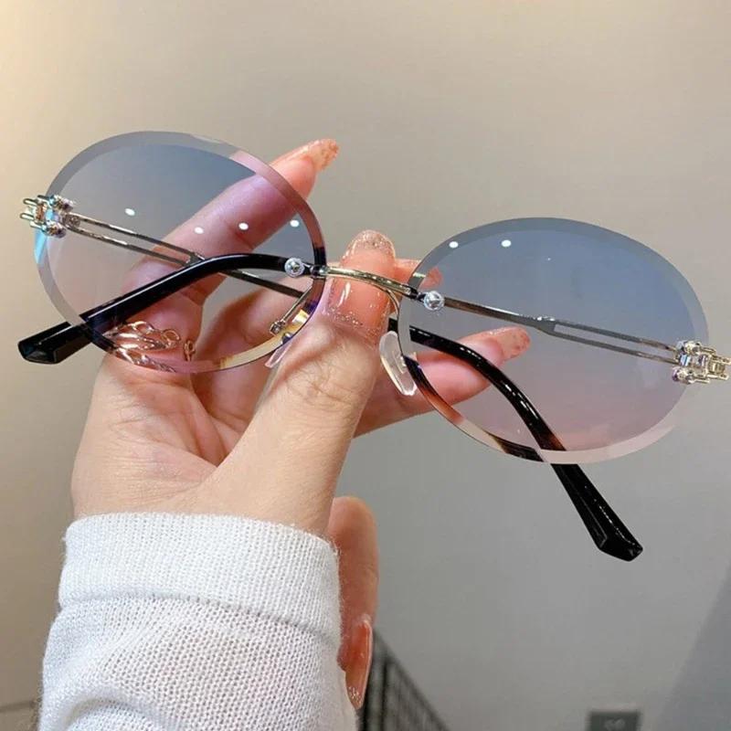 Fashion Female Luxury Design Gradient Sunglasses Women Trendy New Rimless Oval Shape Eyewear Men Outdoor Eye Protection Sun Glasses