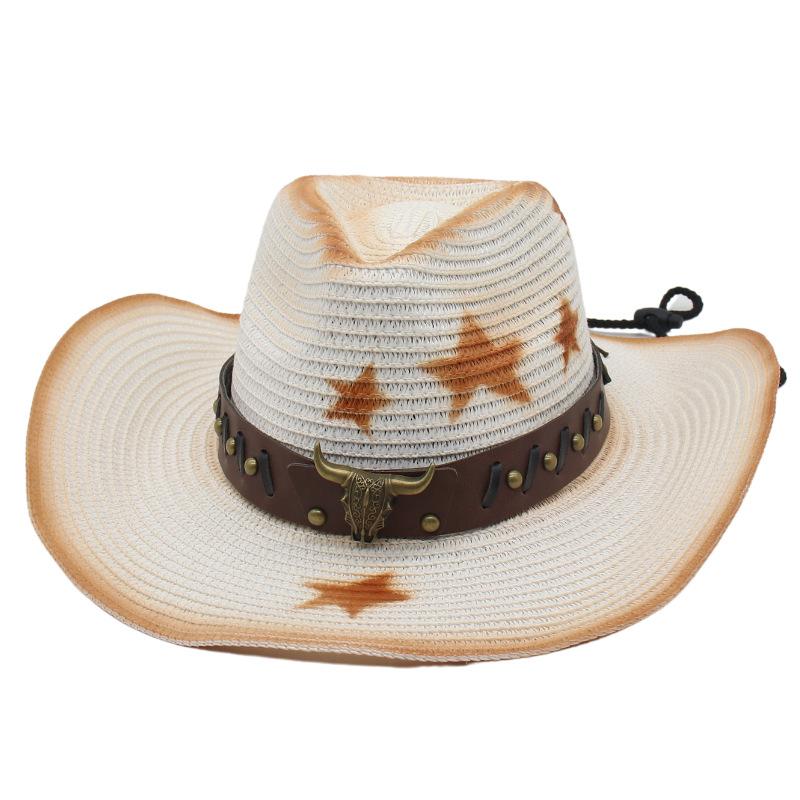 Summer Beach Straw Hat Cow Head Ethnic Wind Breathable Men'S And Women'S Pentagonal Western Cowboy Hat