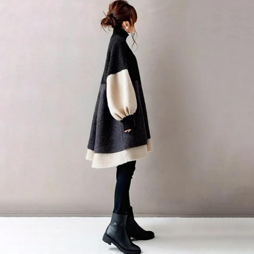 2025 Damen Patchwork Fledermausärmel Midi-Kleid Japanisch-Koreanisch