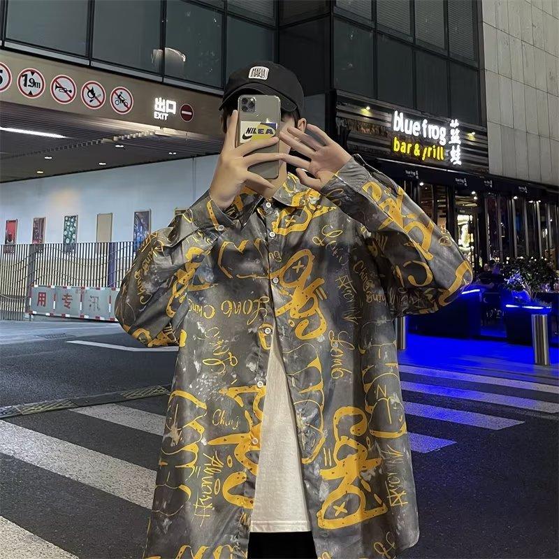 Summer New Youth Students Hong Kong Style Full Printed Short-Sleeved Shirt Korean Style Shirt Men's Long Sleeve Casual Top Shirt Coat