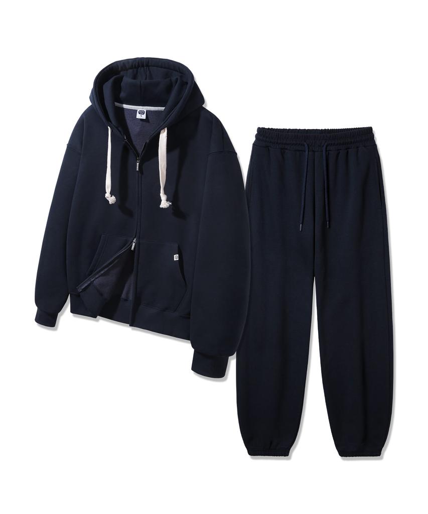 Alvinclo [Set[Double Cotton/Fleece-Lined] Plain Oversized Two-Way Hooded Zip-Up Jogger/Semi-Wide Pants Set-Up
