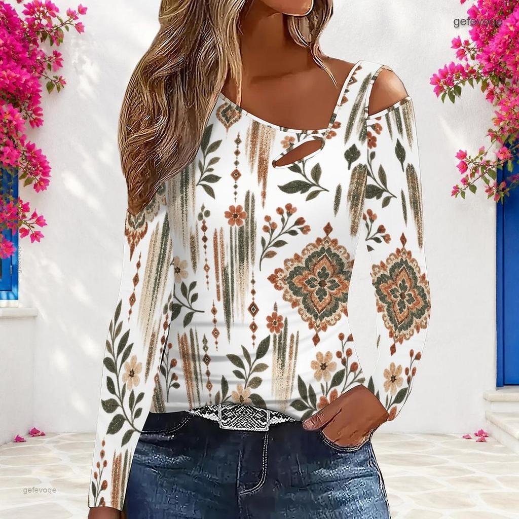 Women Plus Size Asymmetric Cutout Neck Cold Shoulder Long Sleeve Paisley Printed Blouse