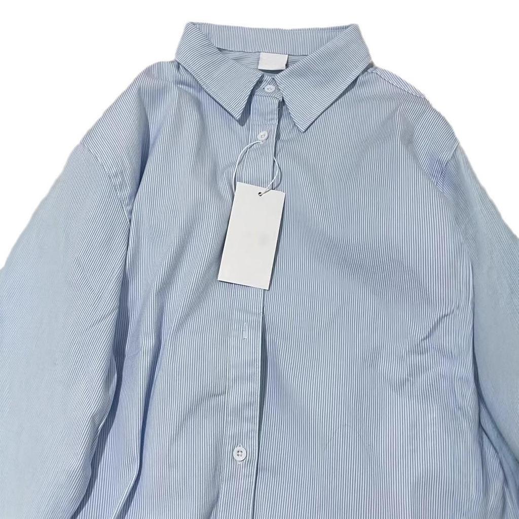 New Autumn Blue Striped Cotton Shirt Jacket - Unisex Hong Kong Style, Loose Casual Fit