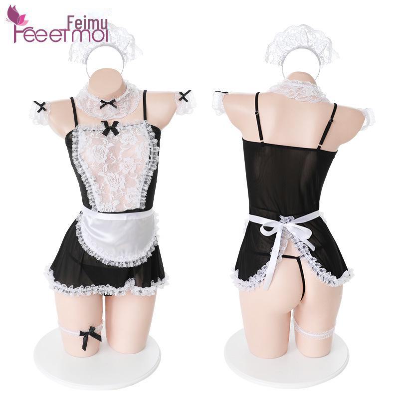 Feimu Lace Maid Role Play Lingerie: Plus Size Sexy Maid Outfit Pajamas