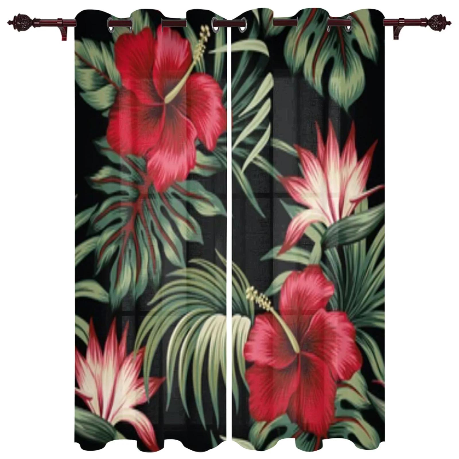 

Tropical Red Hibiscus Floral Green Palm Leaves Window Curtains For Living Room Kitchen Modern Curtains Home Decor Blinds Drapes 100W130H(CM)40x51in&rod pocket