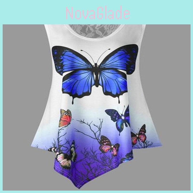 Stylish Women Sleeveless Butterfly Print Lace Patchwork T-shirt For Summer Chic